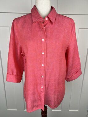 Talbots Irish Linen Shirt Womens 14 Pink Orange Button Front 3/4 Sleeve Blouse